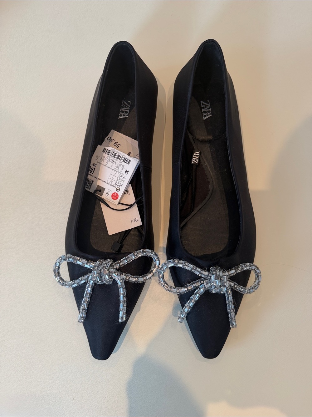 NWT Zara Black Satin Rhinestone Bow Pointed Toe Flats Size 39